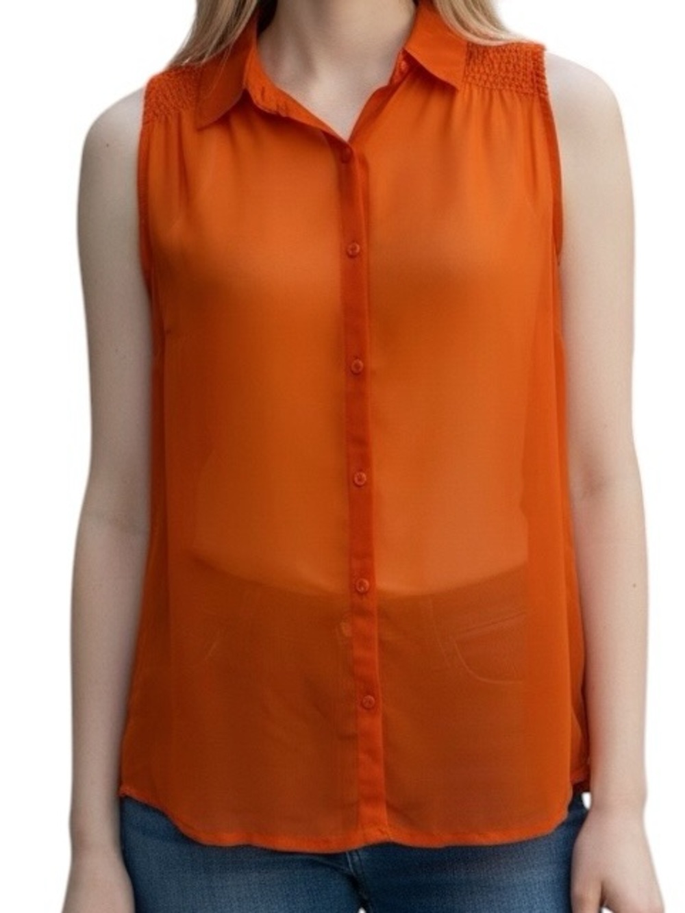 a.n.a Orange Sleeveless Button-Down Blouse with Smocked Shoulders Size Medium